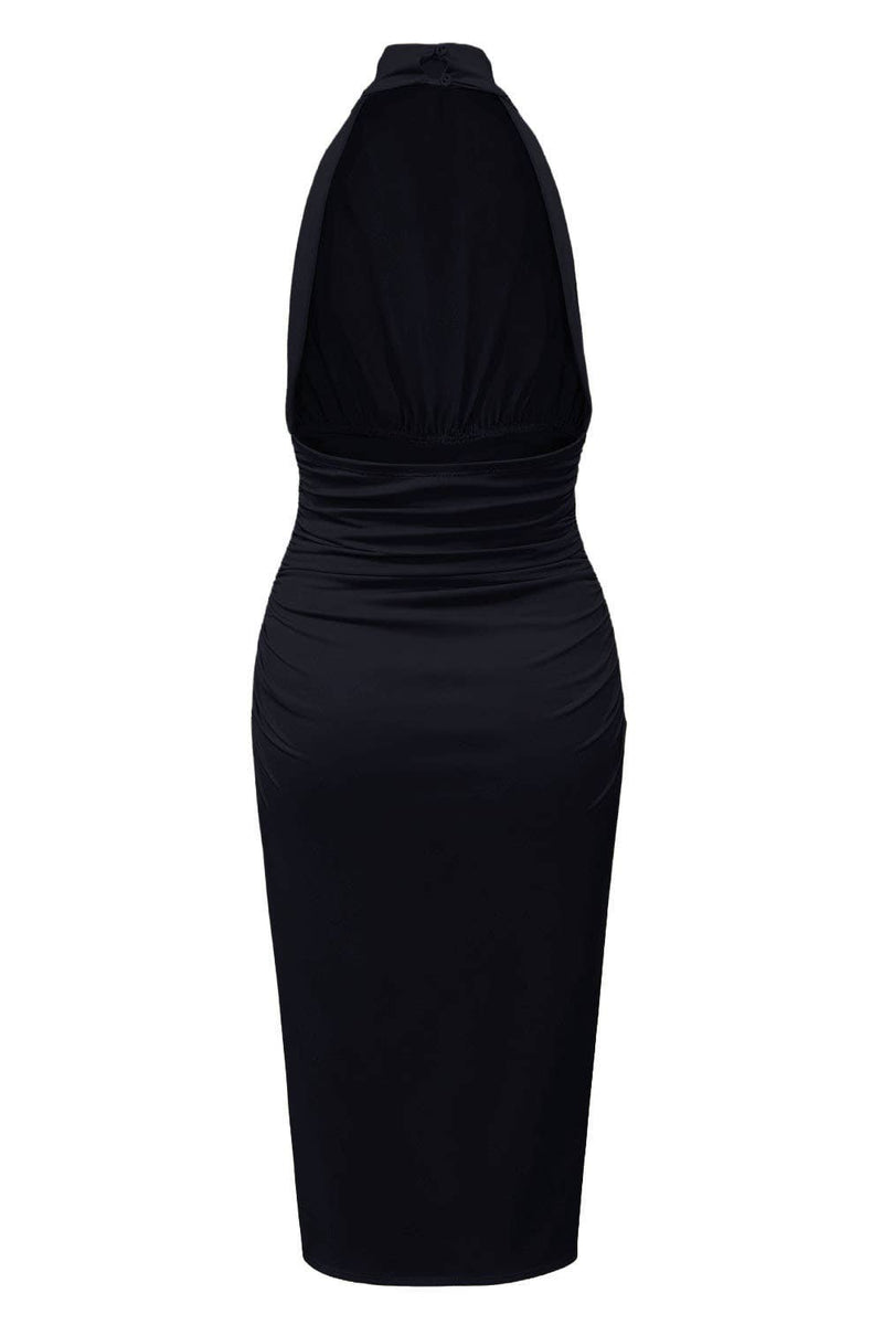 Dark Navy Halter Mock Neck Ruched Midi Dress Jewel Detail | Her Bottari