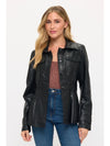 Chic black leather utility jacket featuring a fitted silhouette, stylish button closures, and front pockets, perfect for Long Island boutique fashion.
