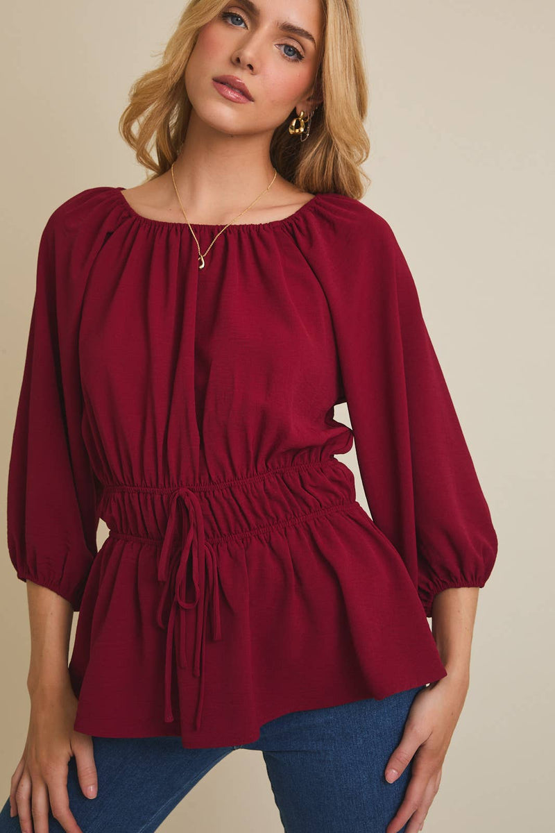 Round Neck 3/4 Sleeve Bow Detail Top