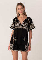 Short Raglan Sleeve Embroidered Top - Black/Natural