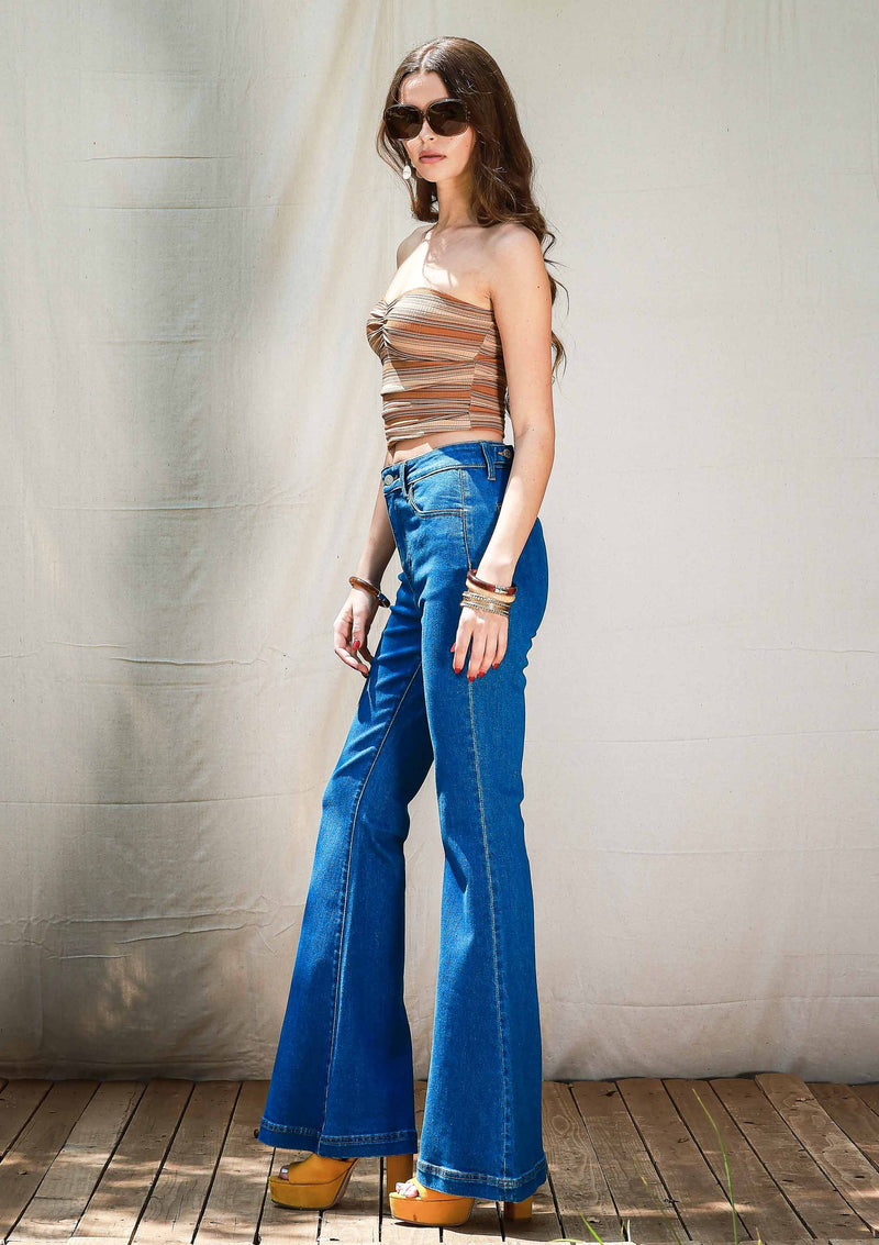 High Rise Flare Jeans With Waist Snap