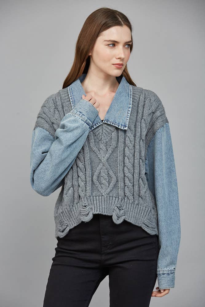Lightweight denim knit combined sweater featuring a cozy cable-knit bodice and contrasting collar, ideal for Long Island boutique fashion.