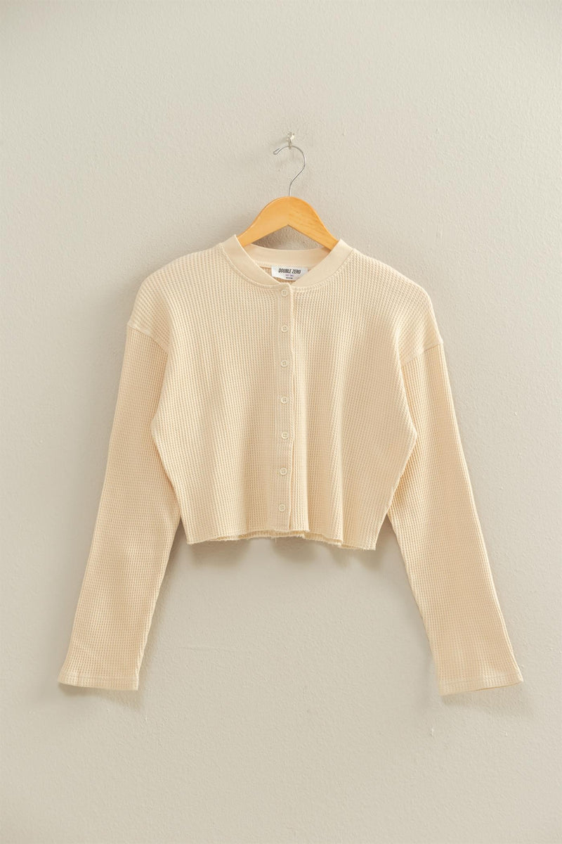 Waffle Long Sleeve Buttoned Crop Top