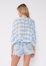 V-Neck Dolman Button Down Top - Off White/Teal
