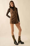 Faux suede sleeveless vest romper in rich brown, featuring a snap front and tailored fit, perfect for chic Long Island boutique fashion.