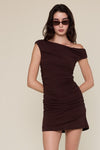 Ruched mini dress in deep brown with an asymmetric shoulder line, perfect for stylish evenings in Long Island boutique fashion.