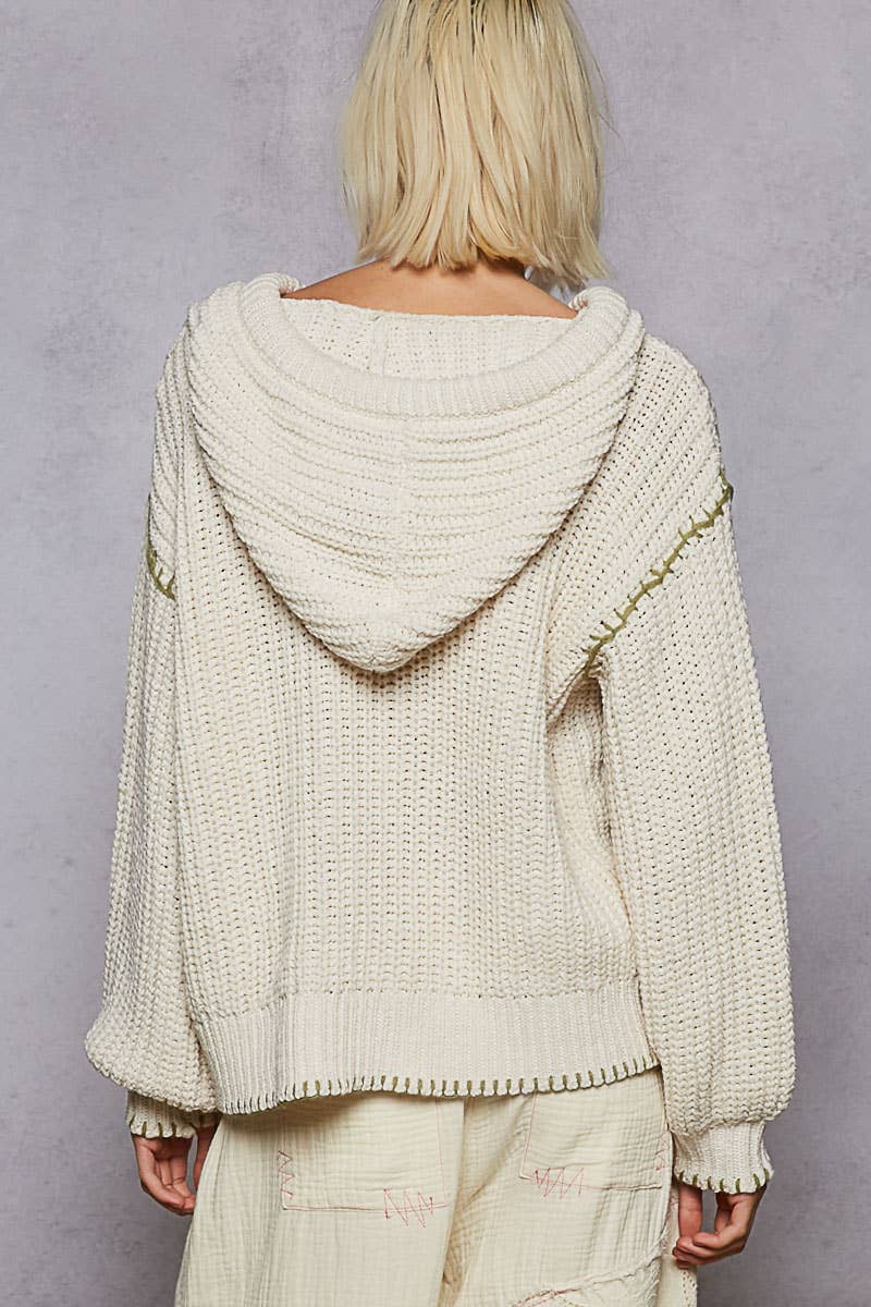 V-neck Solid Stitch Point Hoodie Chenille Sweater Top