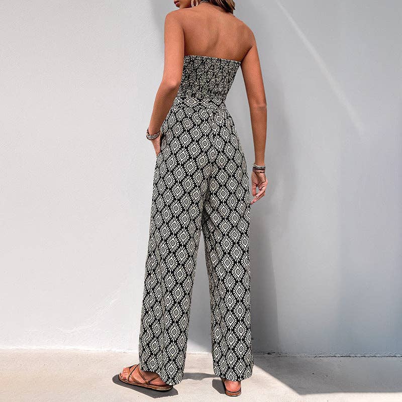 Women's Bohemian Print Smocked Strapless Jumpsuit