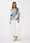 Short Puff Sleeve V-Split Neck Top with Lace Trim
