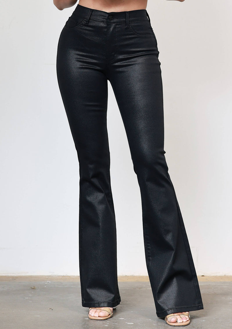 Sleek coated black bootcut jeans featuring a flattering high waist and a glossy finish, a stylish choice from a Long Island boutique fashion.