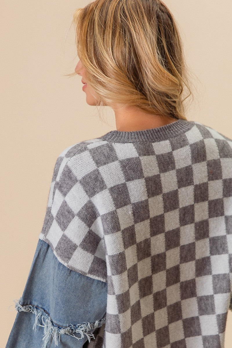 Washed Denim Sleeve Checker Sweater