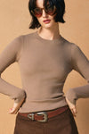 Ribbed crew neck light sweater in a warm taupe tone, offering a fitted silhouette ideal for layering in Long Island boutique fashion.