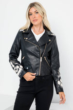 Vegan Leather Moto Jacket - Embroidery Applique Detail