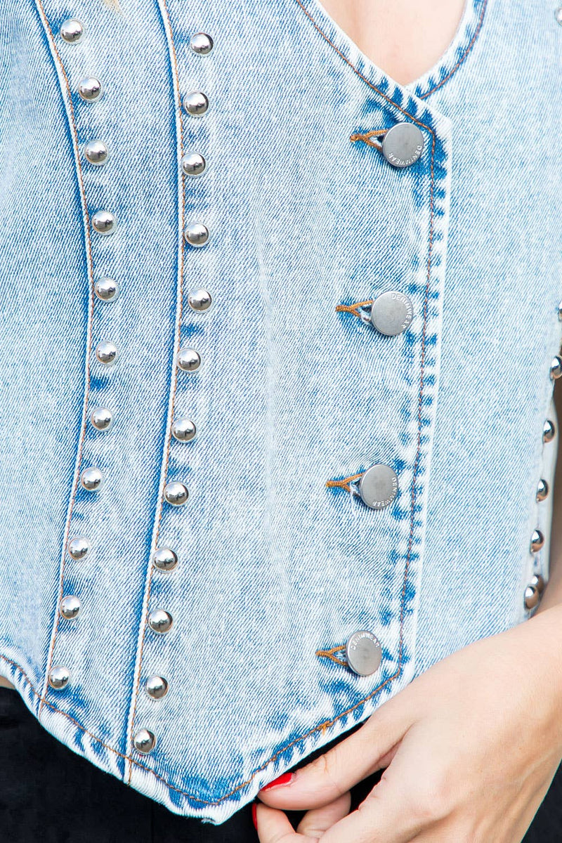 Denim Washed Fitted Vest With Stud Detail