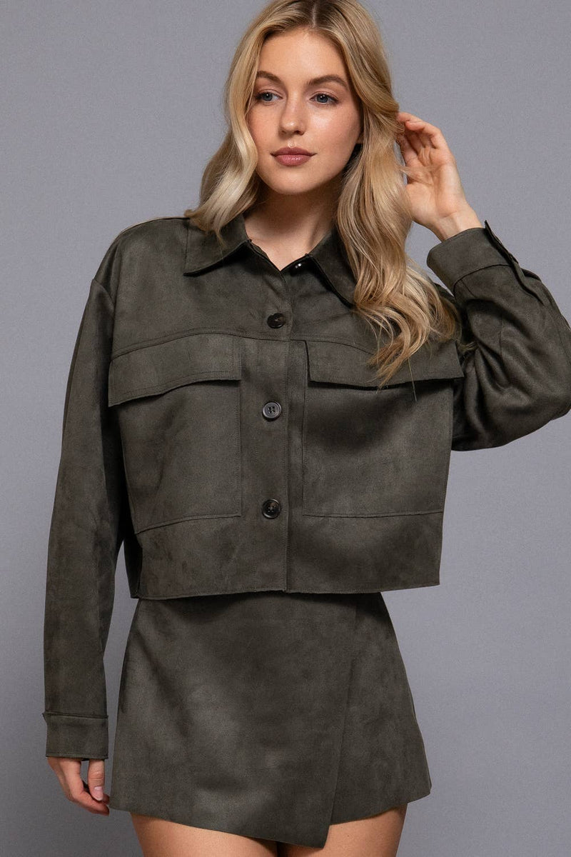 Long Sleeve with Front Patch Pocket Faux Suede Short Jacket