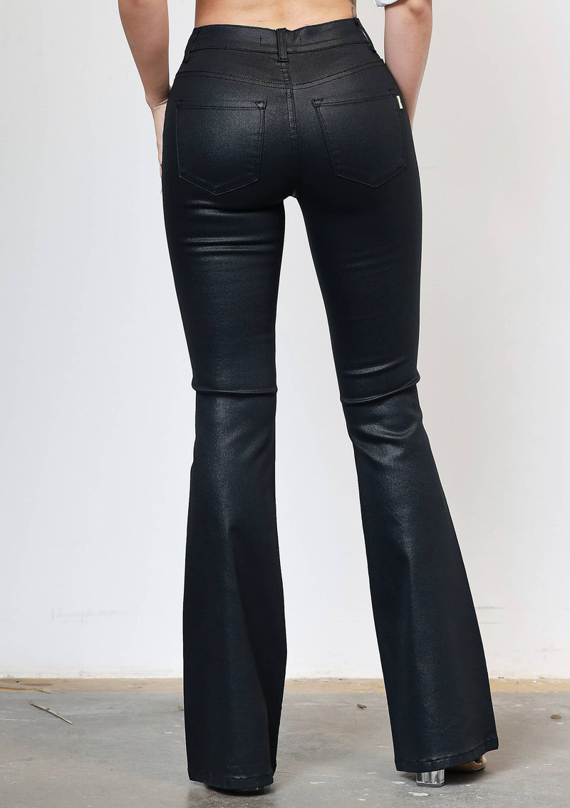 Sleek coated black bootcut jeans with a flattering fit and subtle sheen, perfect for any outing in Long Island boutique fashion.
