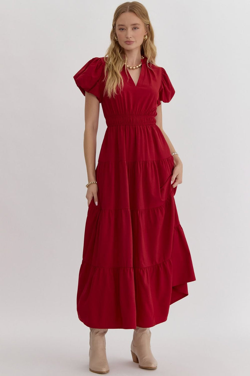 Bubble Sleeve Tiered Midi Dress - Burgundy