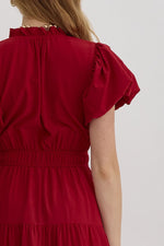 Bubble Sleeve Tiered Midi Dress - Burgundy