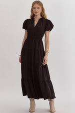 Bubble Sleeve Tiered Midi Dress - Black