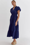 Bubble Sleeve Tiered Midi Dress - Navy