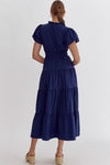 Bubble Sleeve Tiered Midi Dress - Navy