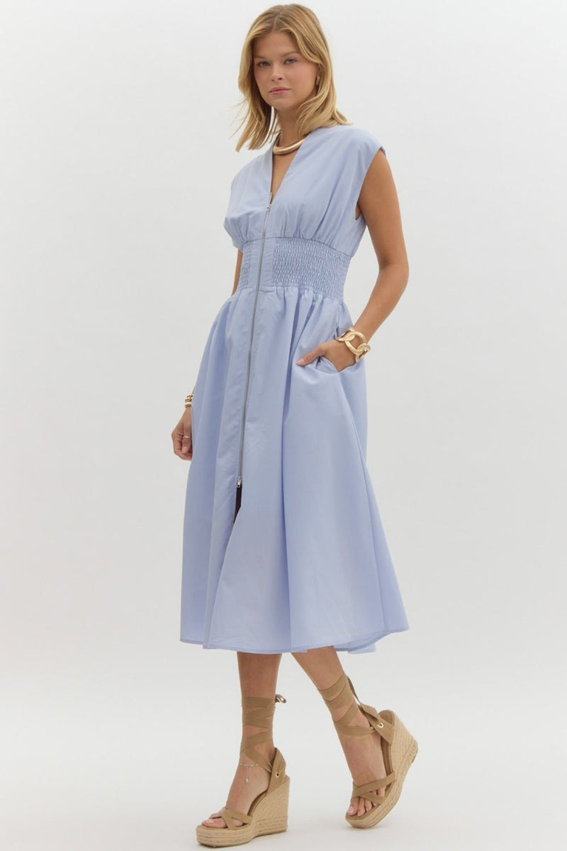 Sleeveless Midi Dress w/ Zipper - Baby Blue