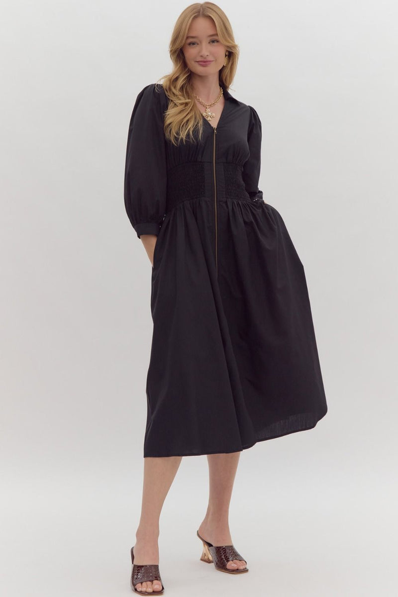 Zip Up Midi Dress - Black