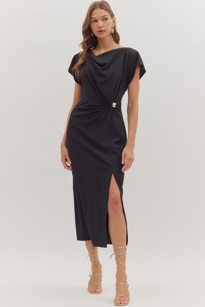 midi draped dresses Short Sleeve Midi Dress with Draped Neckline Black / Medium