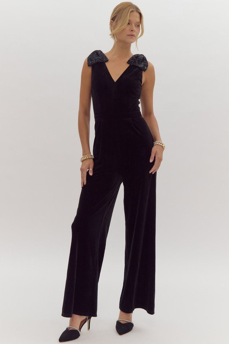 V-Neck Velvet Wide Leg Jumpsuit