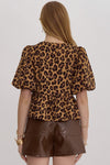 Leopard Print Bubble Sleeve Peplum Top