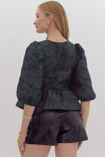 Floral Jacquard Puff Sleeve Peplum Top