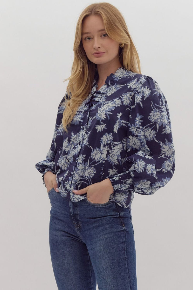 Floral Print Ruffle Neck Blouse