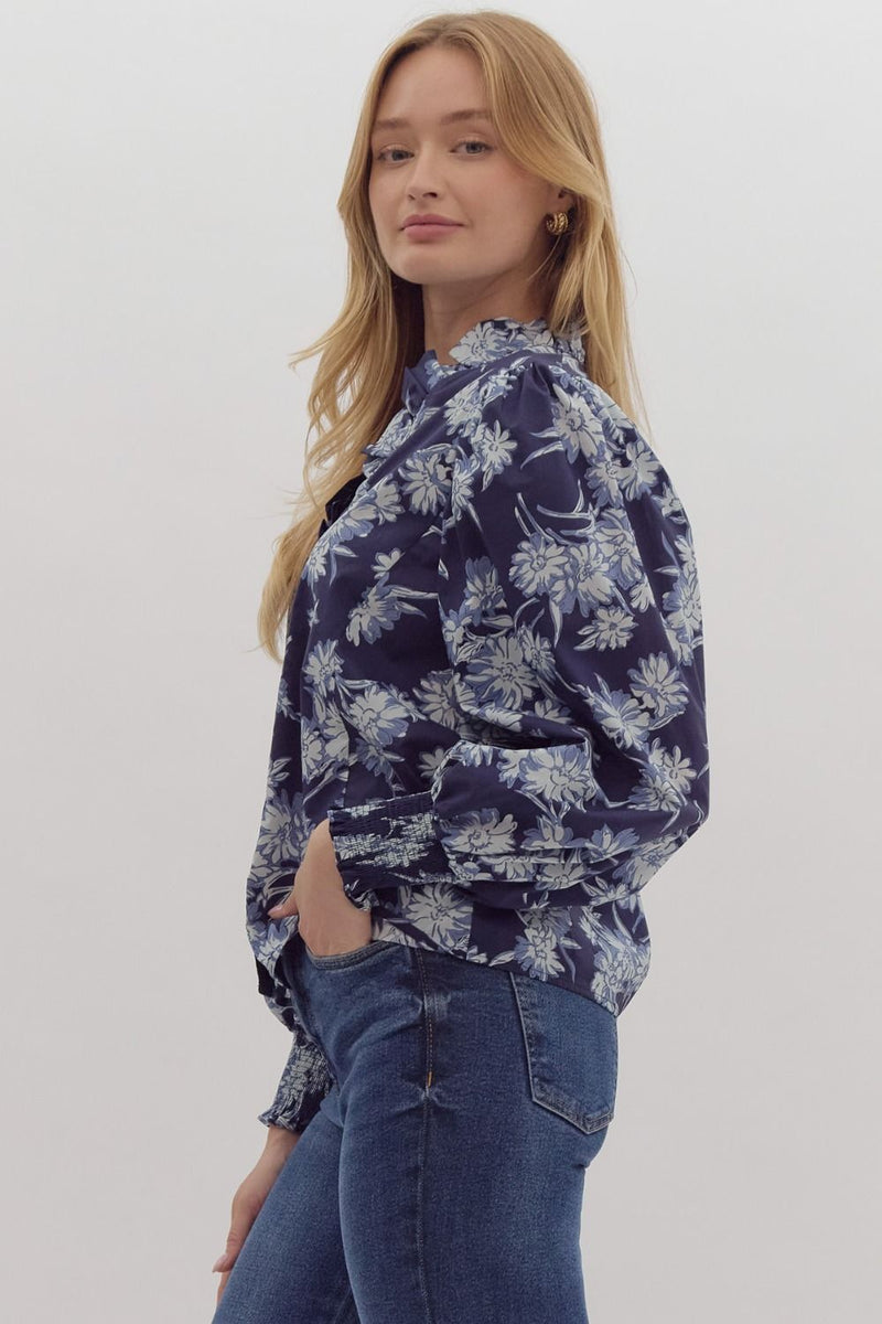 Floral Print Ruffle Neck Blouse