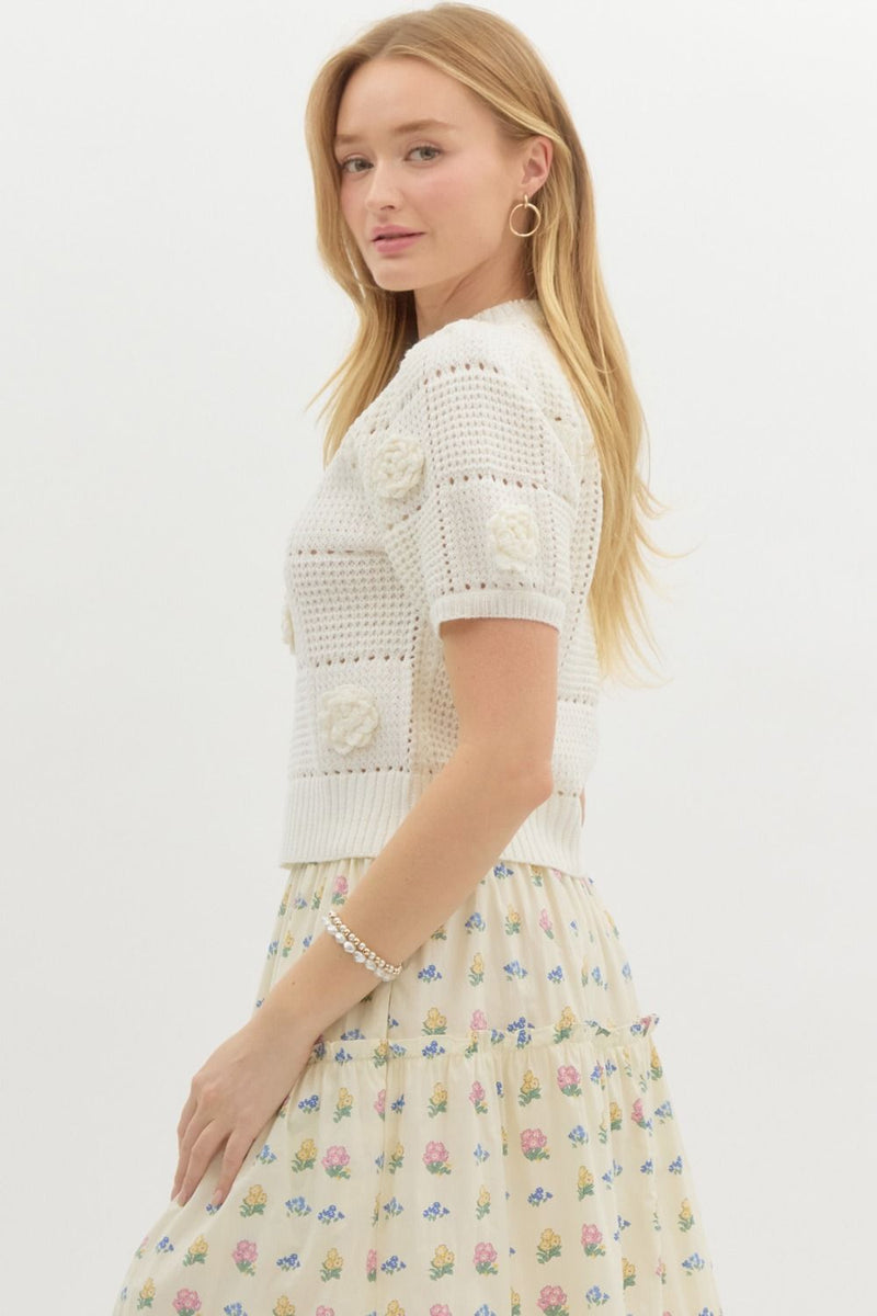 Solid Sweater w/ Crochet Flowers