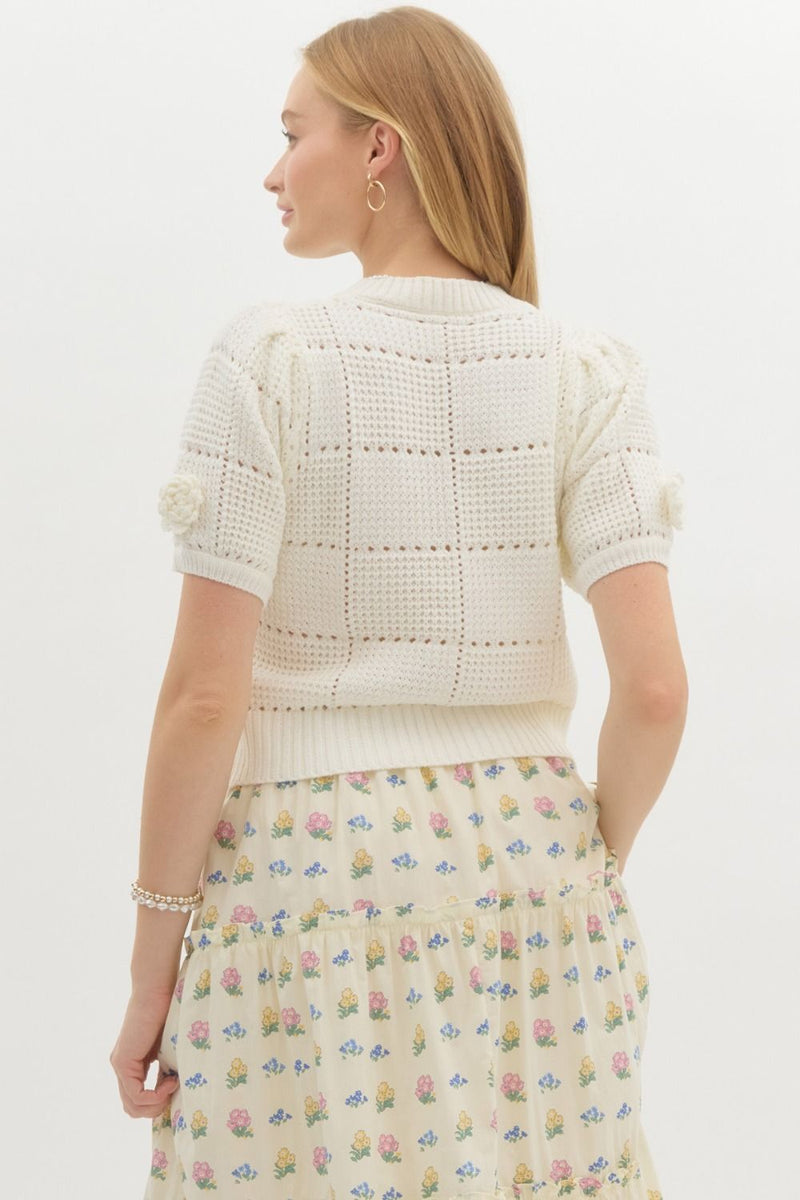 Solid Sweater w/ Crochet Flowers