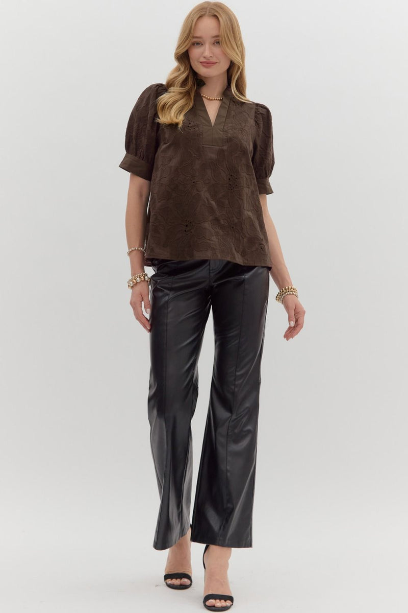 Brown floral embroidered puff sleeve top with a v-neck and relaxed fit, perfect for stylish outings in Long Island boutique fashion.