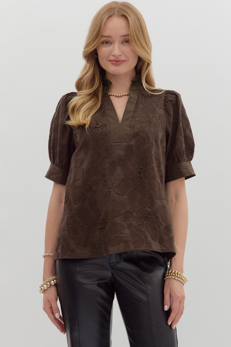 Brown floral embroidered puff sleeve top featuring a v-neckline and structured fit, perfect for showcasing Long Island boutique fashion.