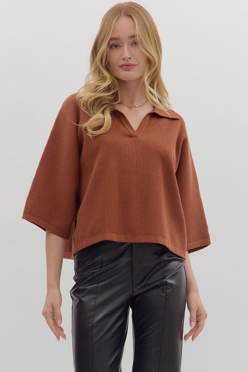 Rust 3/4 sleeve knit top featuring a relaxed fit and a classic collar, perfect for casual, chic looks at a Long Island fashion boutique.