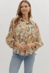 Lightweight floral print button-down top with 3/4 sleeves and a relaxed fit, perfect for casual Long Island boutique fashion.