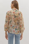 Floral print 3/4 sleeve button-down top with a soft beige background, featuring vibrant flowers, perfect for casual Long Island boutique fashion.