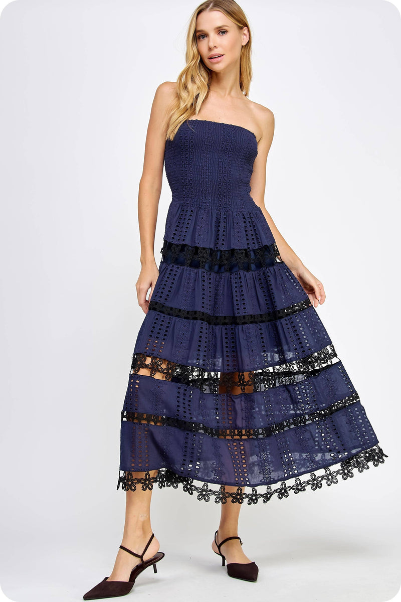 Color Block Smocked Eyelet Tube Midi Dress