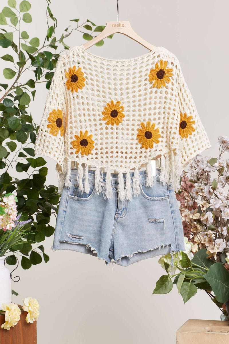 Boat Neck Fishnet SunFlower Top with Fringe Detail