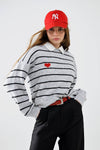 Grey Striped Sweater with Red Heart