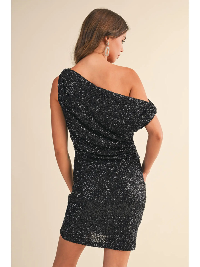 Ruched Sequin Off Shoulder Mini Dress