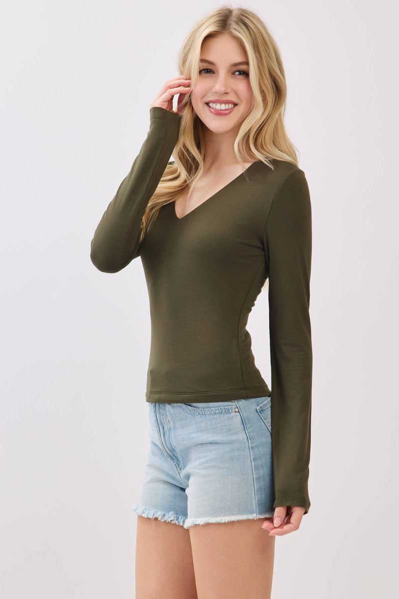 Fitted double layer long sleeve V-neck top in olive green, perfect for layering in contemporary Long Island boutique fashion.
