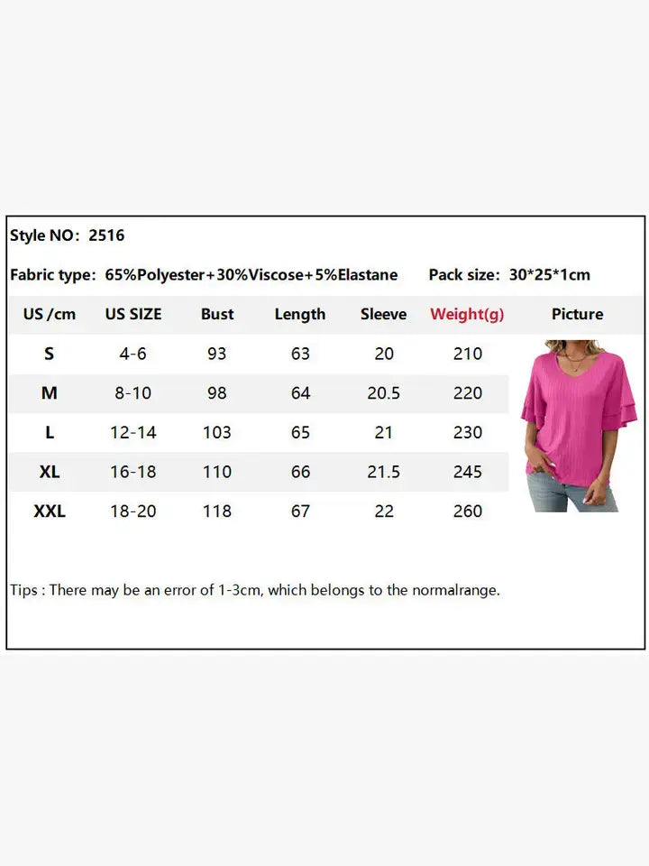 Solid V-Neck Ruffle Sleeve Short-Sleeve Top