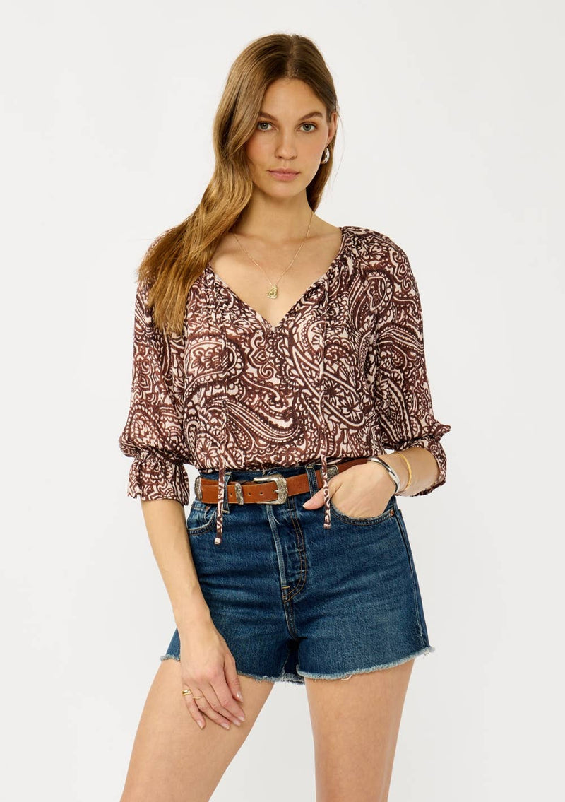 Smocked Paisley Split Neck Blouse
