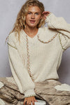 V-neck Solid Stitch Point Hoodie Chenille Sweater Top