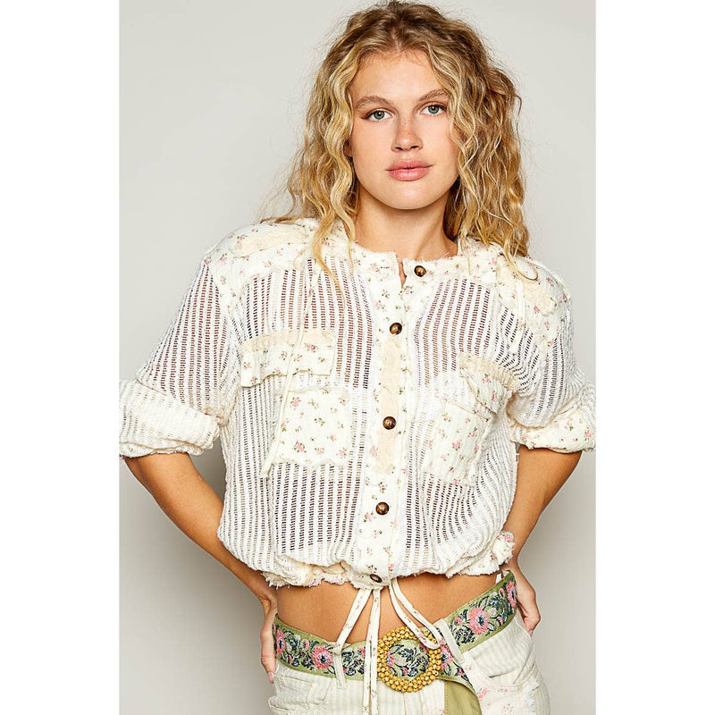 Vintage Washed Floral Print Patch Crochet Jacket