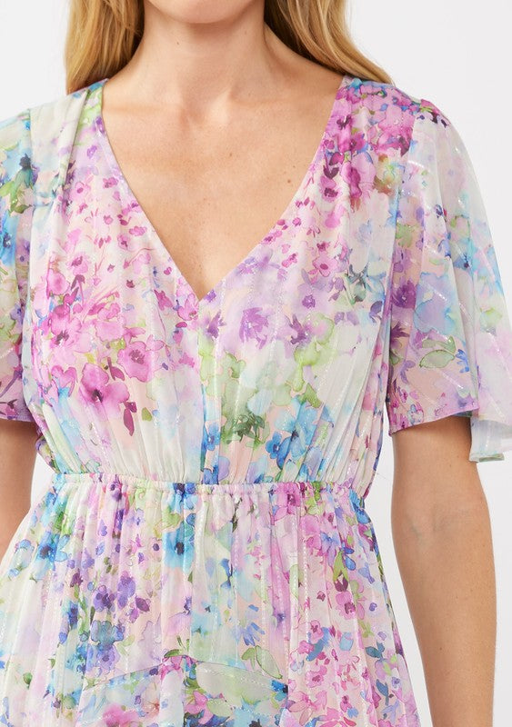 Watercolor Flower Short Sleeve Scarf Maxi Dress